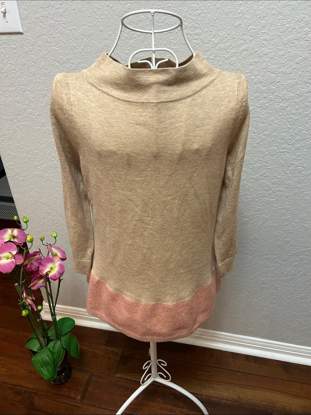 Anthropologie Two-Tone Mock Neck Sweater in Beige and Blush
